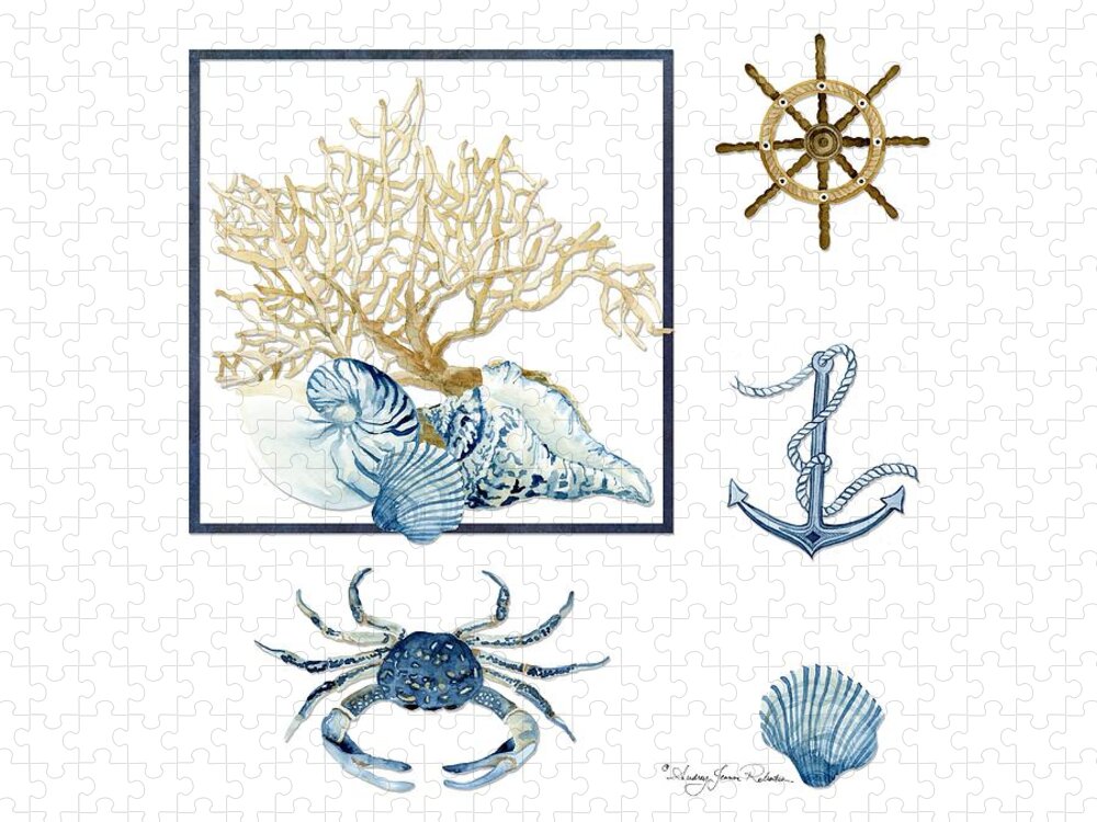 Sea Jigsaw Puzzle featuring the painting Beach House Nautical Seashells Ships Wheel Anchor n Crab by Audrey Jeanne Roberts