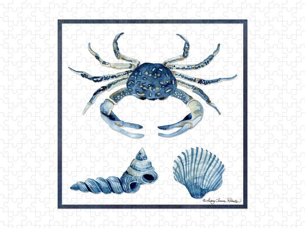 Sea Jigsaw Puzzle featuring the painting Beach House Sea Life Crab Turban Shell n Scallop by Audrey Jeanne Roberts
