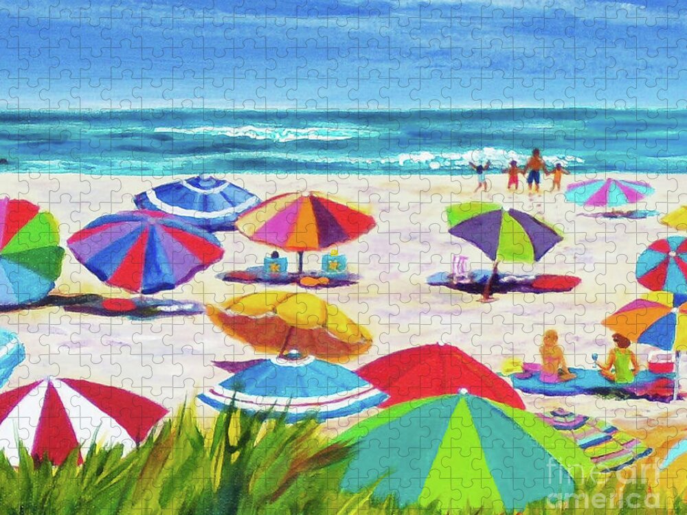 Beach Jigsaw Puzzle featuring the painting Umbrellas 2 by Anne Marie Brown