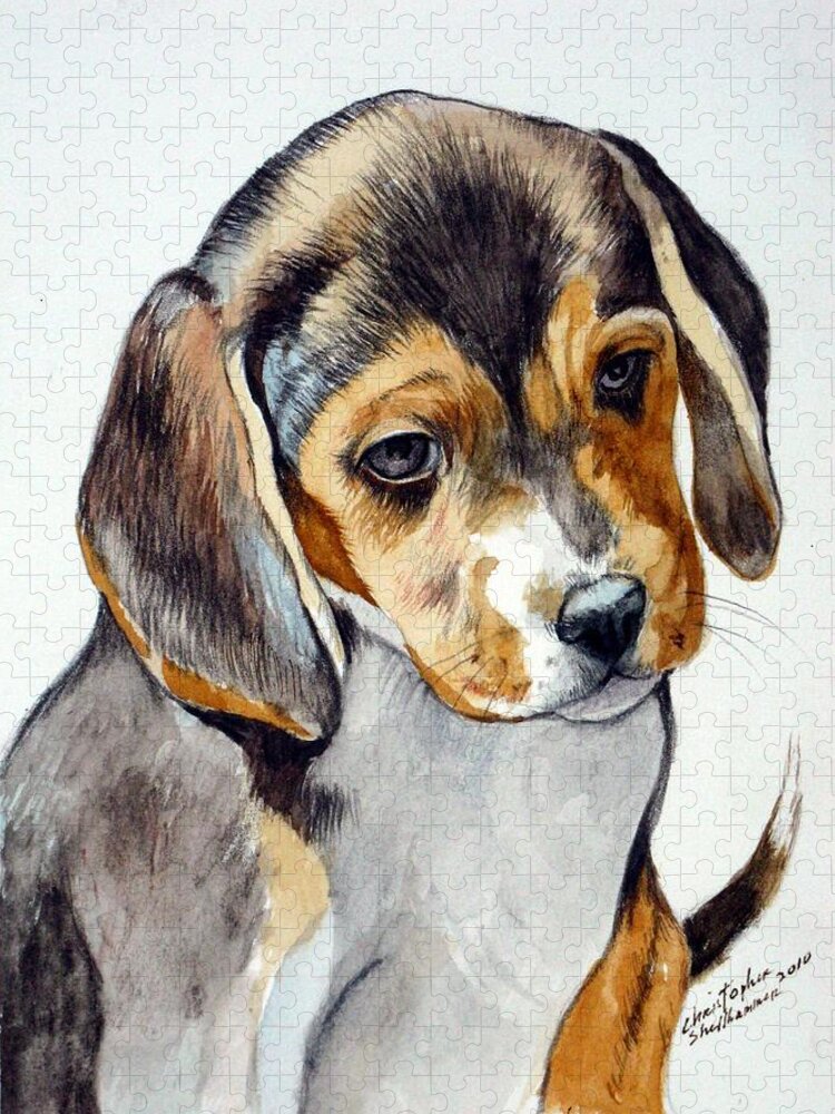 Beagle Jigsaw Puzzle featuring the painting Beagle puppy by Christopher Shellhammer