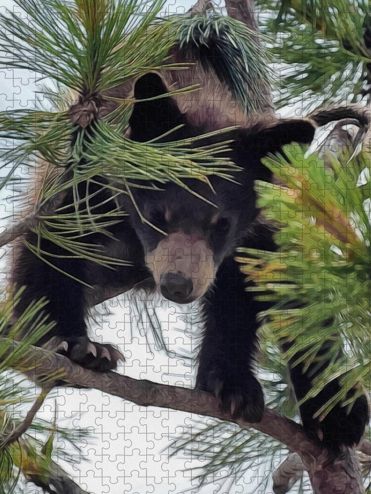 Bears Jigsaw Puzzle featuring the digital art Bear Cub Playing in a Tree 2 by Ernest Echols