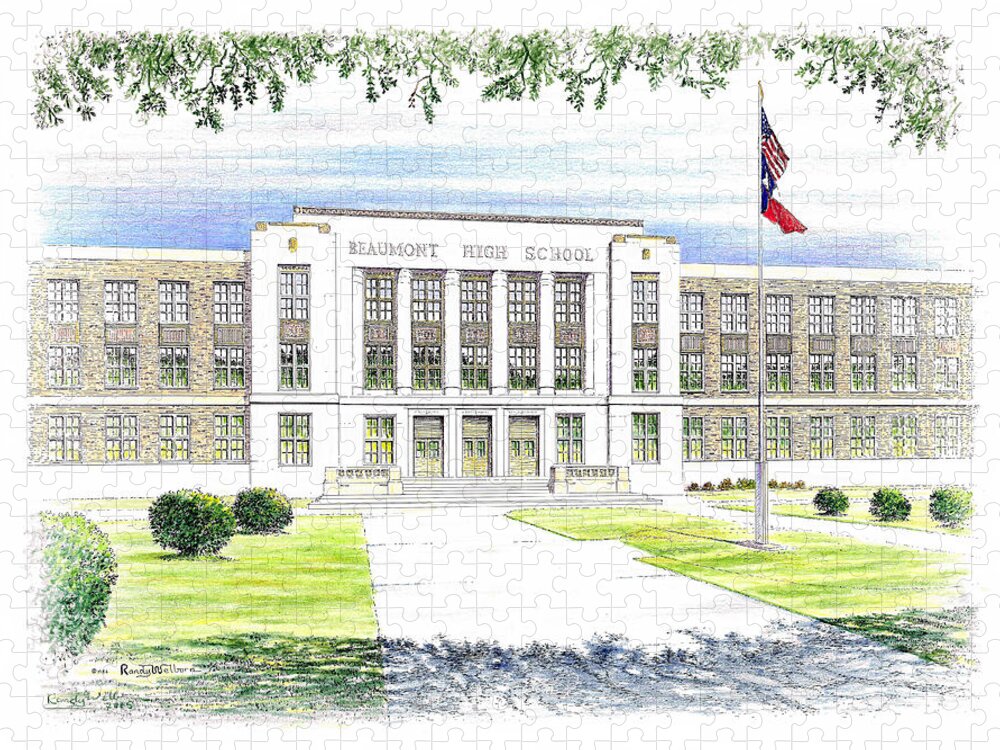 Beaumont High School Jigsaw Puzzle featuring the drawing Beaumont High School by Randy Welborn