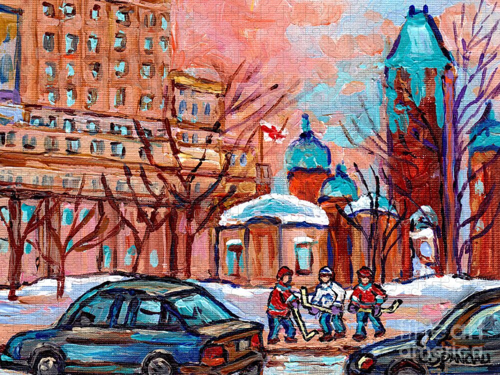 Downtown Montreal Jigsaw Puzzle featuring the painting Beautiful Winter Day Downtown Montreal Dominion Square Hockey Art Canadian Scene Carole Spandau   by Carole Spandau