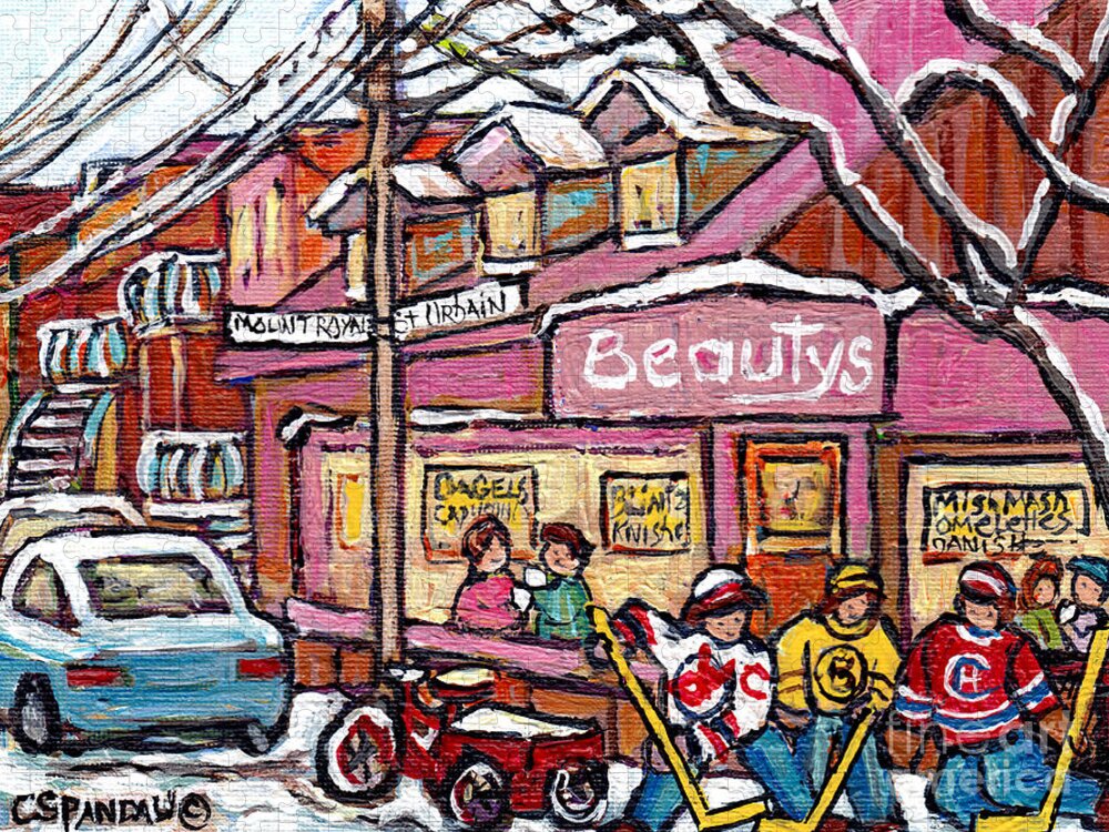 Beauty's Restaurant Jigsaw Puzzle featuring the photograph Beauty's Deli Montreal Winter In The City Paintings For Sale Hockey Kids Street Hockey C Spandau Art by Carole Spandau