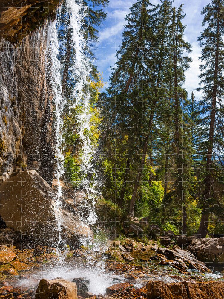 Spouting Rock Waterfall Autumn Glenwood Canyon Colorado Jigsaw Puzzle featuring the photograph Behind Spouting Rock Waterfall - Hanging Lake - Glenwood Canyon Colorado by Brian Harig
