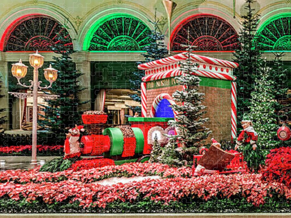 Bellagio Christmas Tree Jigsaw Puzzle featuring the photograph Bellagio Christmas Train Decorations Panorama 2017 by Aloha Art
