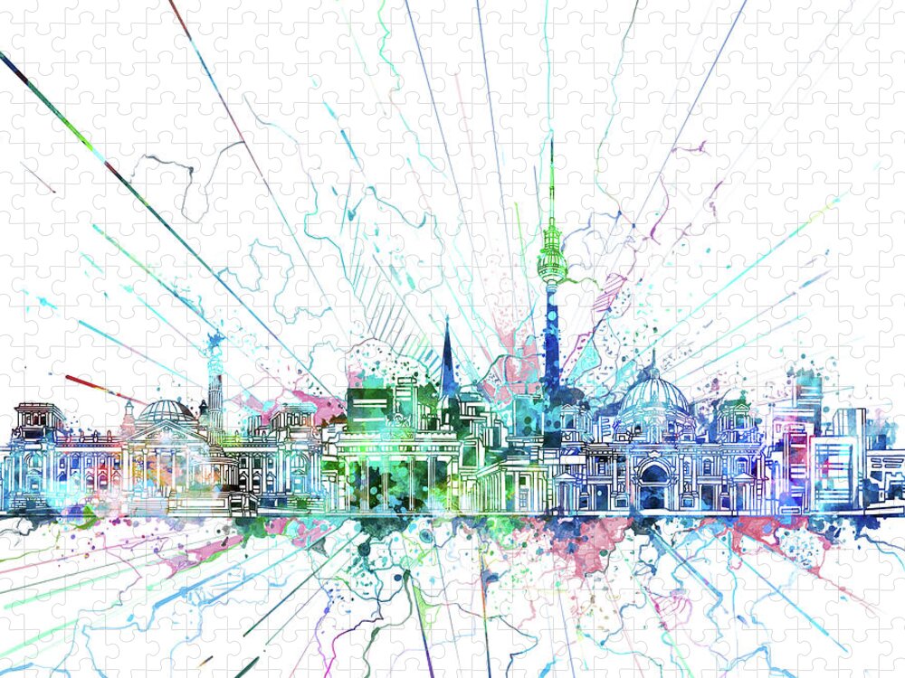 Berlin Jigsaw Puzzle featuring the digital art Berlin City Skyline Watercolor 3 by Bekim M