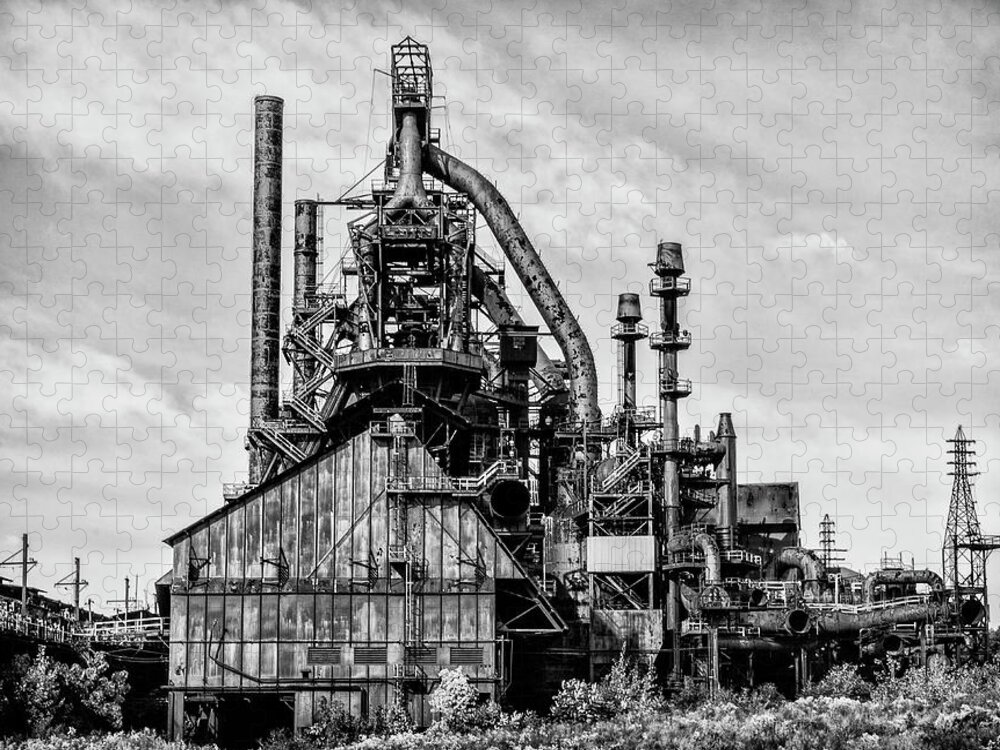 Steel Jigsaw Puzzle featuring the photograph Bethlehem Pa Steel Plant side View in Black and White by Bill Cannon