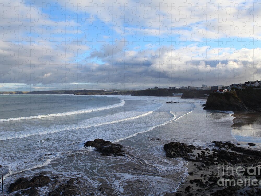 Newquay Cornwall England Coastal Weather Storms Rain Rainfall Sunshine Sun Glistening Bright Ocean Sea Waves Watery Wet Stormy Winter New Year Clouds Jigsaw Puzzle featuring the photograph Between Cornish Storms 2 by Nicholas Burningham