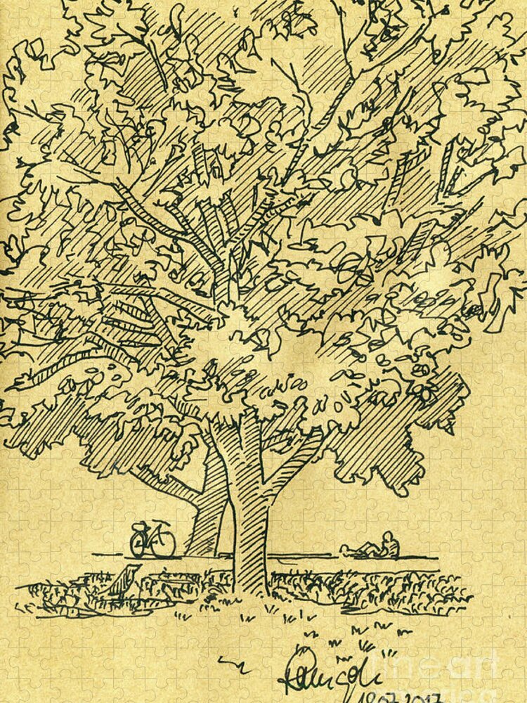 Beutiful Jigsaw Puzzle featuring the drawing Beutiful Summer Tree In The Westpark Munich Drawing by Frank Ramspott