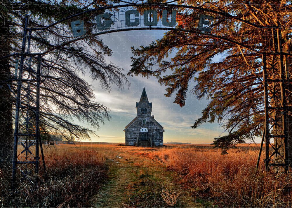 Abandoned Church Prairie Nd North Dakota Lutheran Rural Landscape Scenic Horizontal Jigsaw Puzzle featuring the photograph Big Coulee Church - abandoned lutheran church on ND prairie by Peter Herman