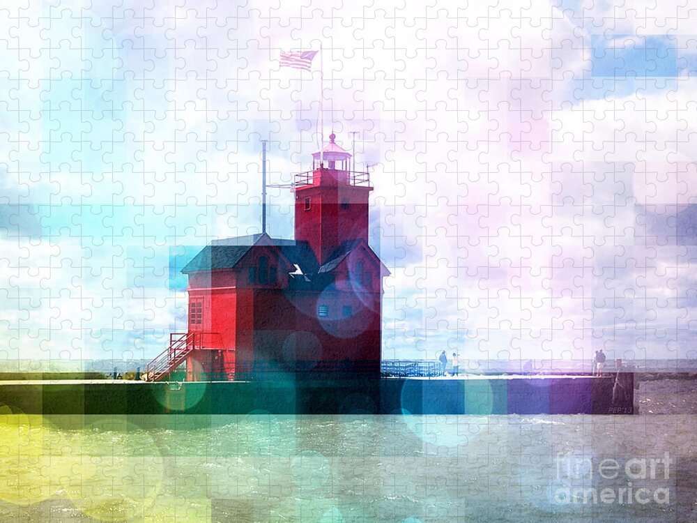 Michigan Jigsaw Puzzle featuring the photograph Big Red Lighthouse on Lake Michigan by Phil Perkins