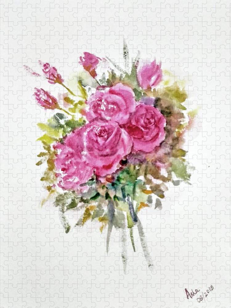 Pink Roses Jigsaw Puzzle featuring the painting Binch of pink roses by Asha Sudhaker Shenoy