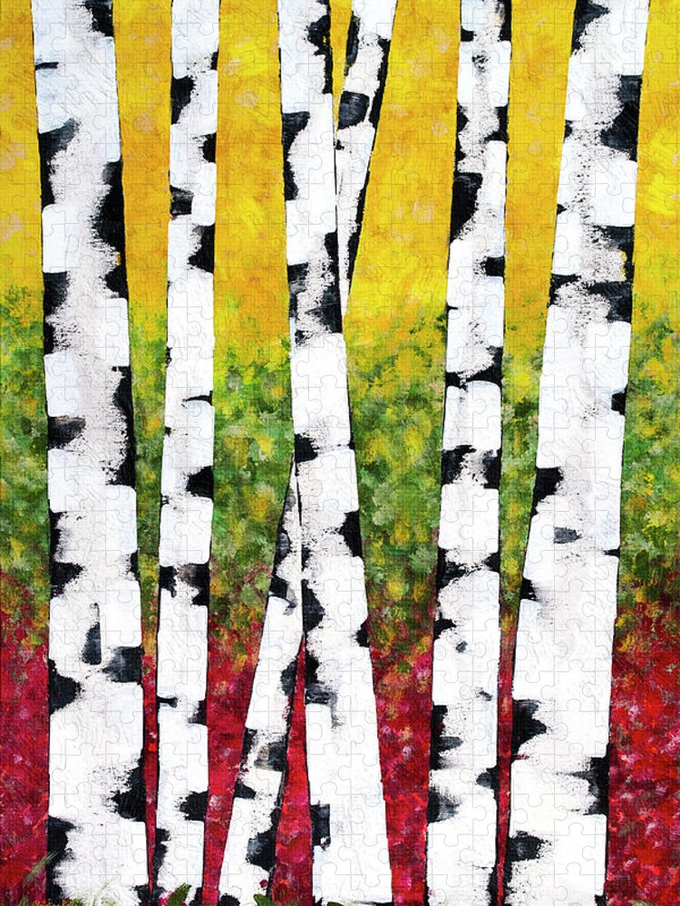 Birch Trees Jigsaw Puzzle featuring the painting Birch Forest Trees by Christina Rollo