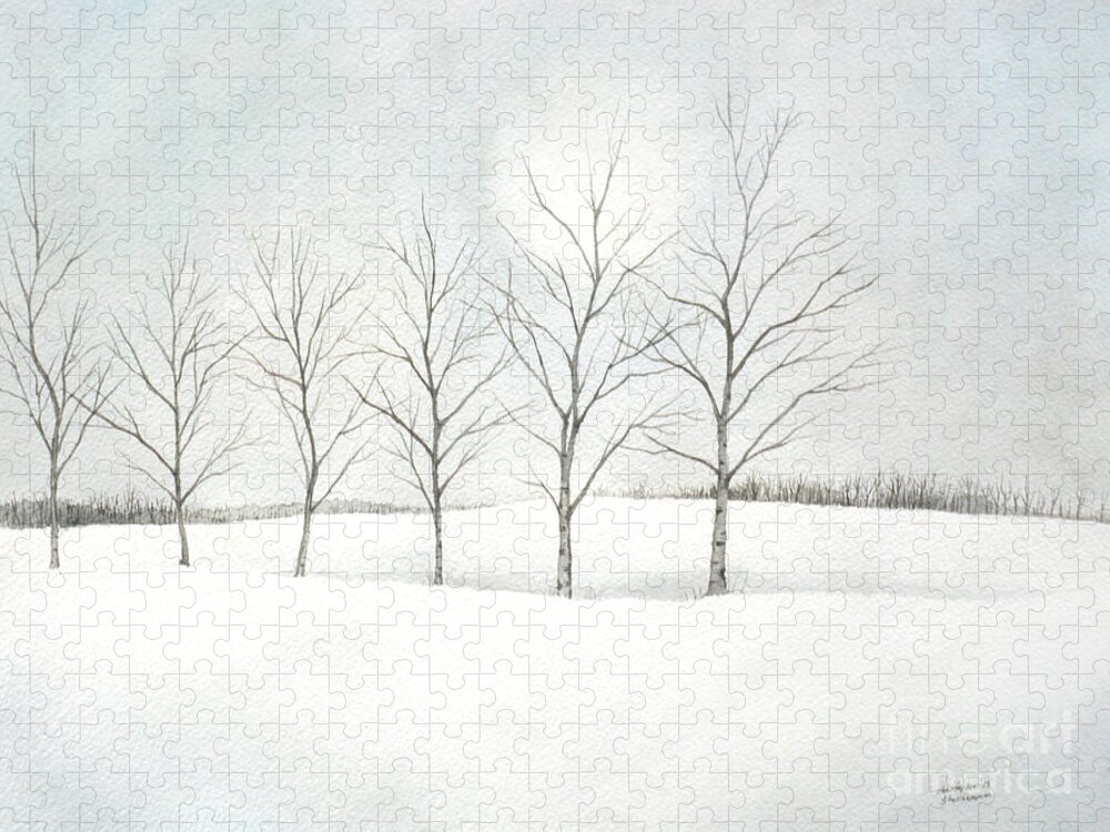 Birch Jigsaw Puzzle featuring the painting Birch Trees Under the Winter Sun by Christopher Shellhammer