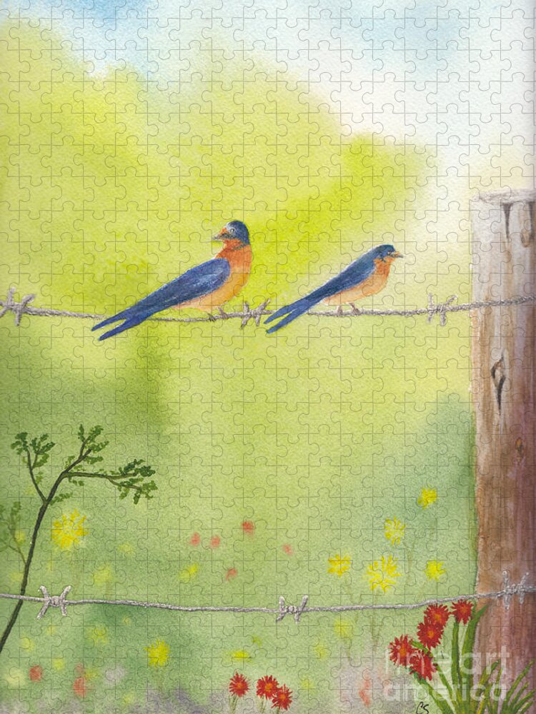 Barn Swallows Jigsaw Puzzle featuring the painting Birds on a Wire Barn Swallows by Conni Schaftenaar