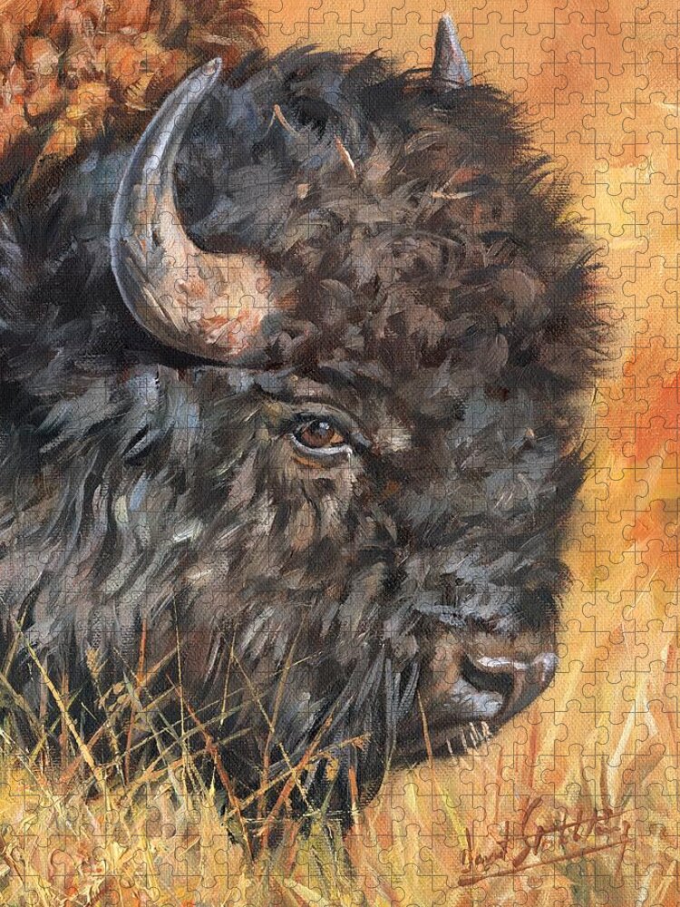 Bison Jigsaw Puzzle featuring the painting Bison by David Stribbling