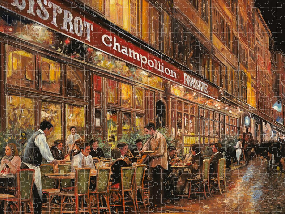 Street Scene Jigsaw Puzzle featuring the painting Bistrot Champollion di notte by Guido Borelli