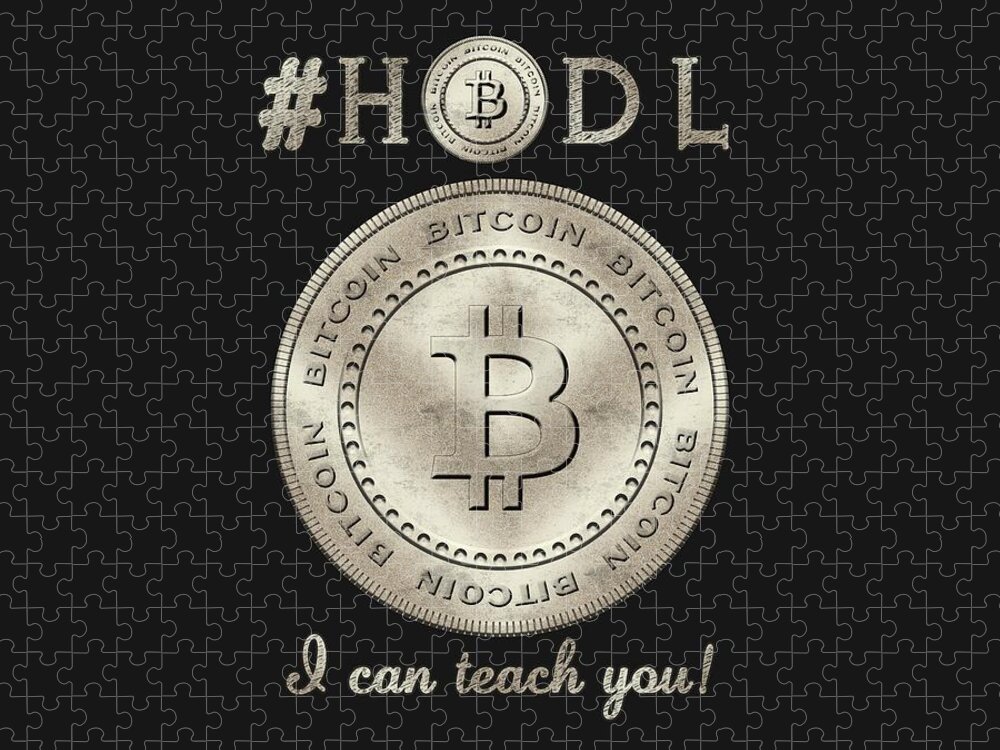 Bitcoin Jigsaw Puzzle featuring the digital art Bitcoin Symbol HODL Quote Typography by Georgeta Blanaru