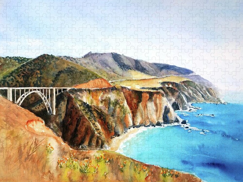 Bixby Bridge Jigsaw Puzzle featuring the painting Bixby Bridge Big Sur Coast California by Carlin Blahnik CarlinArtWatercolor