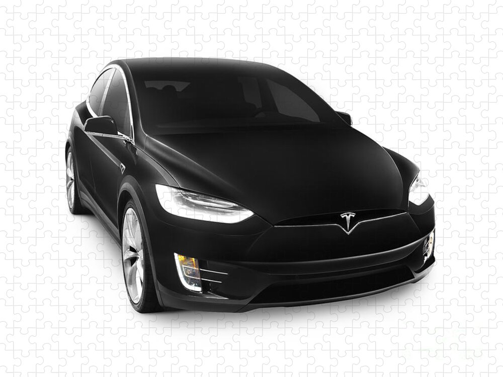 Tesla Jigsaw Puzzle featuring the photograph Black 2017 Tesla Model X luxury SUV electric car isolated on whi by Maxim Images Exquisite Prints