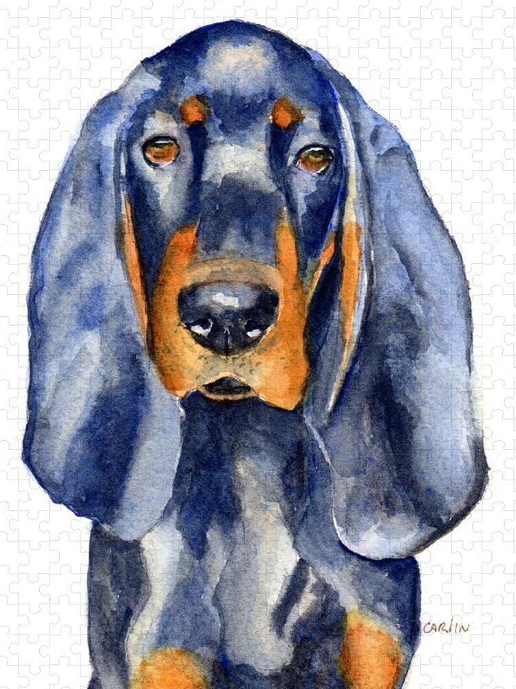 Dog Jigsaw Puzzle featuring the painting Black and Tan Coonhound Dog by Carlin Blahnik CarlinArtWatercolor