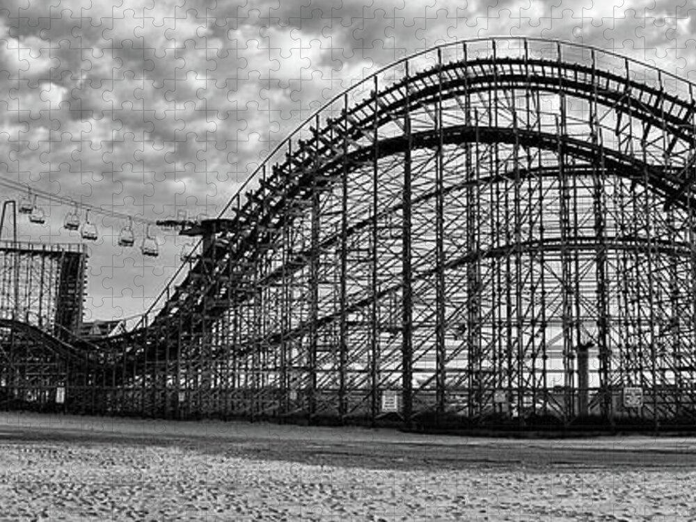 Black Jigsaw Puzzle featuring the photograph Black and White - Great White Roller Coaster - Adventure Pier Wi by Bill Cannon