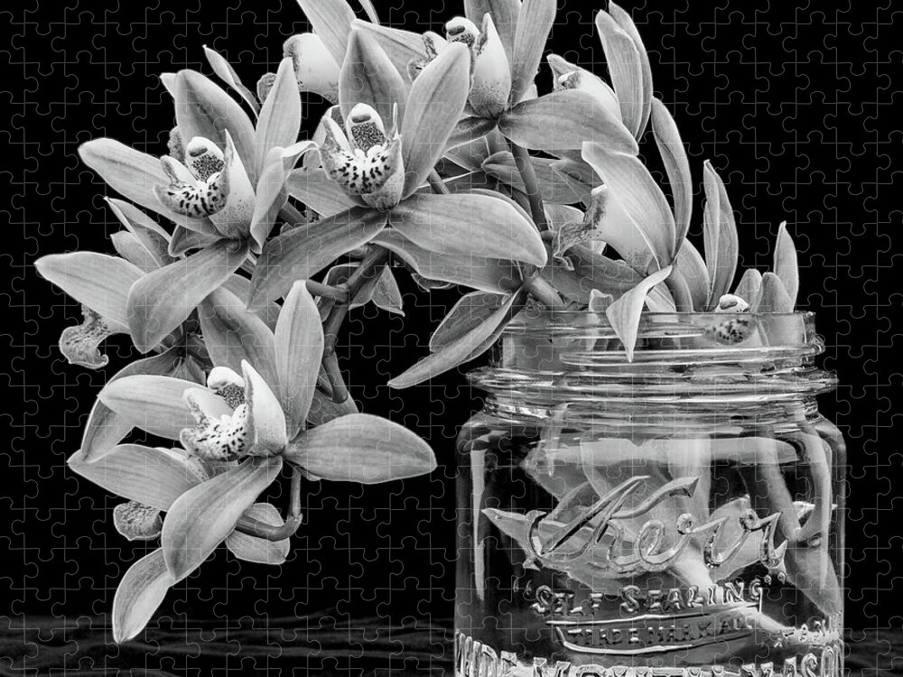 Orchid Jigsaw Puzzle featuring the photograph Black and White Orchid Antique Mason Jar by Kathy Anselmo