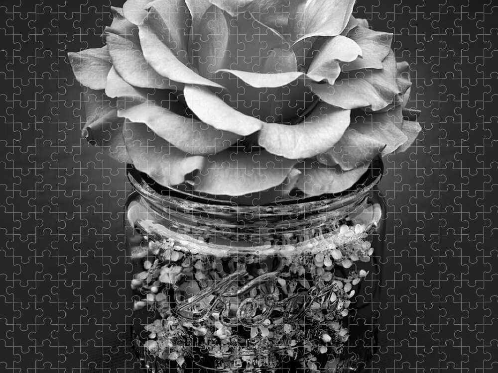 Rose Jigsaw Puzzle featuring the photograph Black and White Rose Antique Mason Jar 2 by Kathy Anselmo
