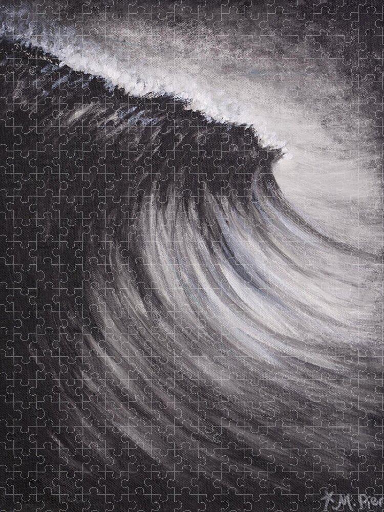 Black Jigsaw Puzzle featuring the painting Black and White Wave Guam by Michelle Pier