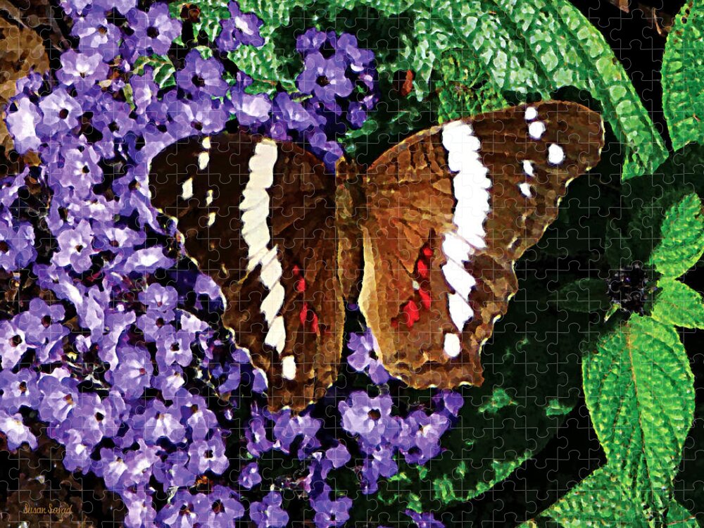 Butterfly Jigsaw Puzzle featuring the photograph Black Butterfly on Heliotrope by Susan Savad