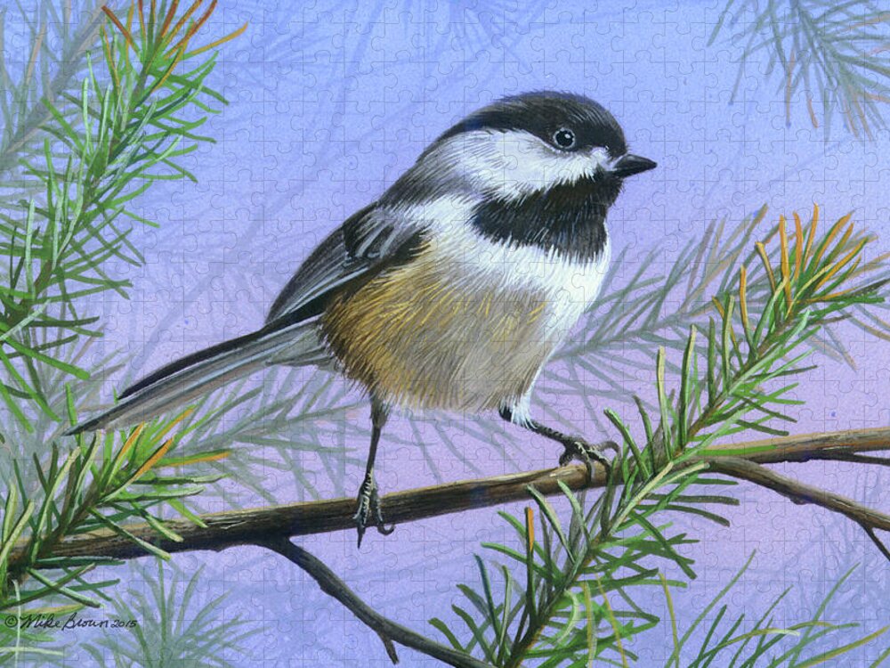 Black Capped Jigsaw Puzzle featuring the painting Black Cap Chickadee by Mike Brown