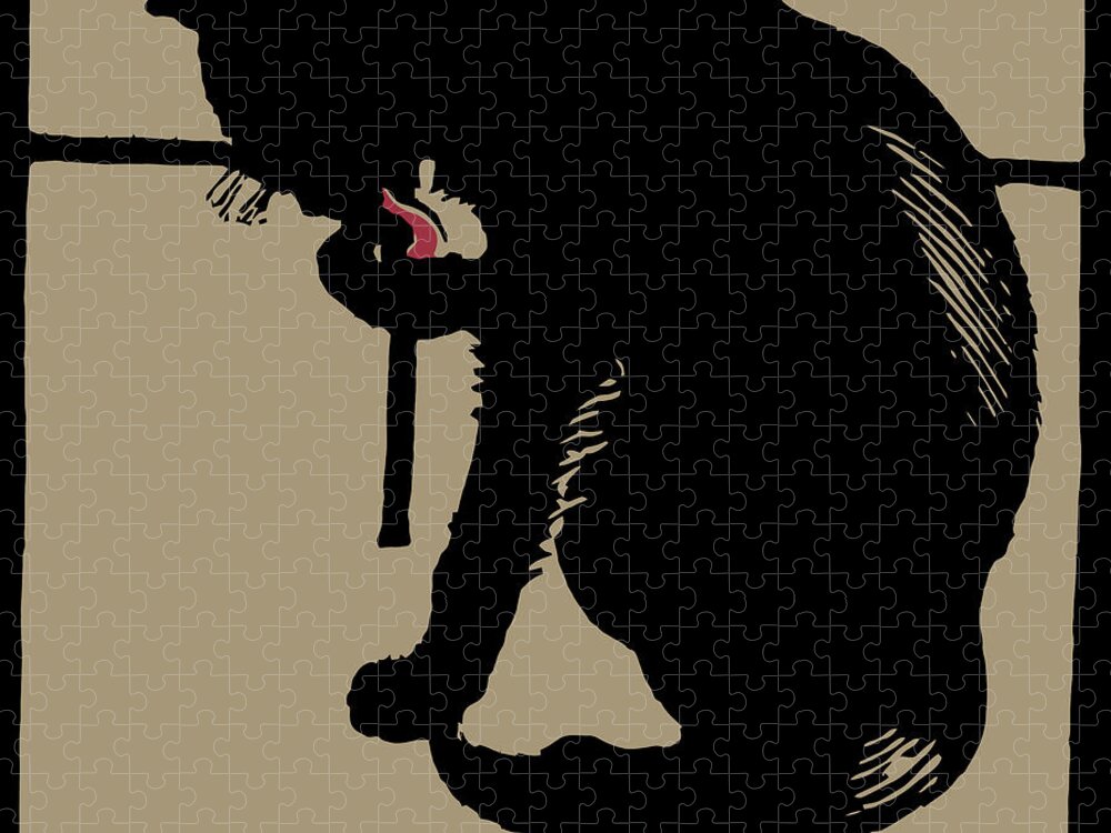  Black Jigsaw Puzzle featuring the drawing Black cat modern woodcut style by Heidi De Leeuw