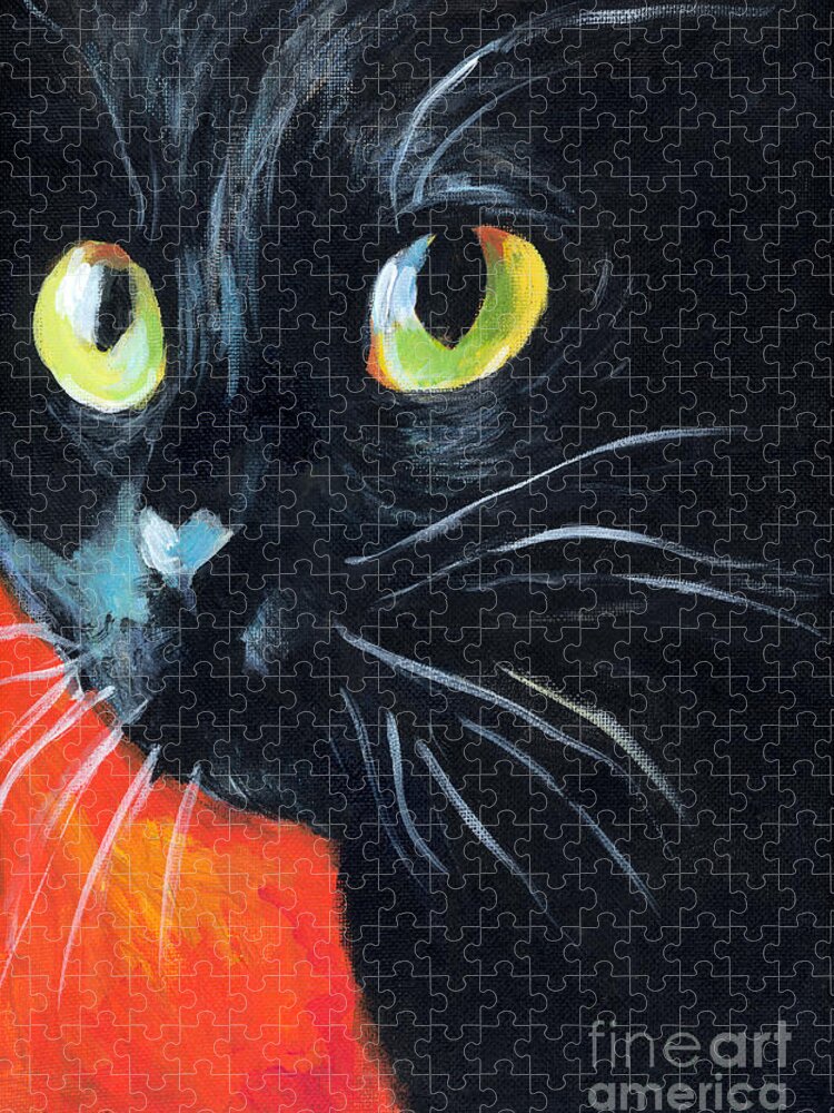 Black Cat Jigsaw Puzzle featuring the painting Black cat painting portrait by Svetlana Novikova