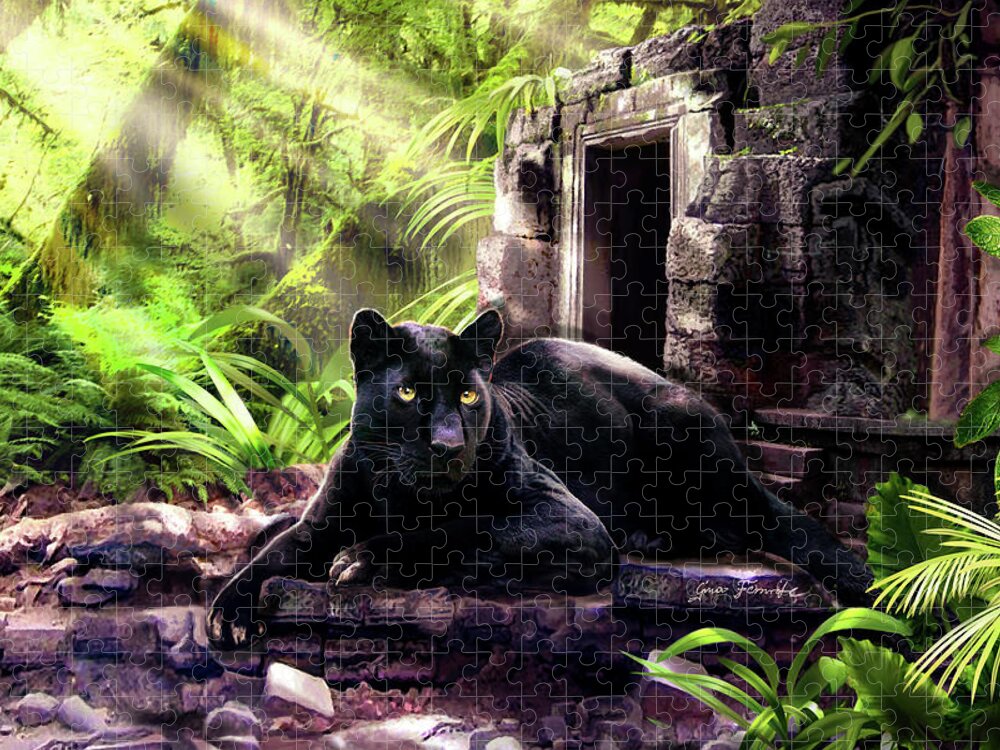 Animal Scene Jigsaw Puzzle featuring the painting Black Panther Custodian of Ancient Temple Ruins by Regina Femrite