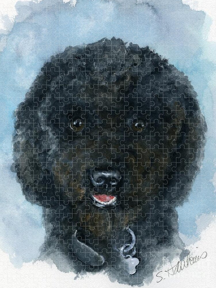 Painting Jigsaw Puzzle featuring the painting Black Poodle Puppy by Sheryl Heatherly Hawkins