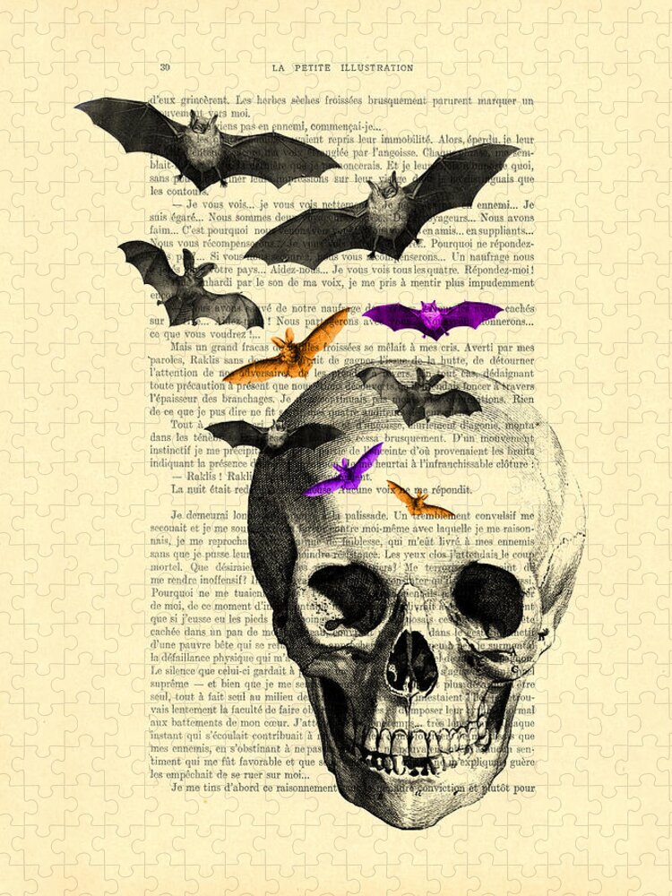 Bat Jigsaw Puzzle featuring the digital art Black Skull And Bats On A Dictionary Page by Madame Memento