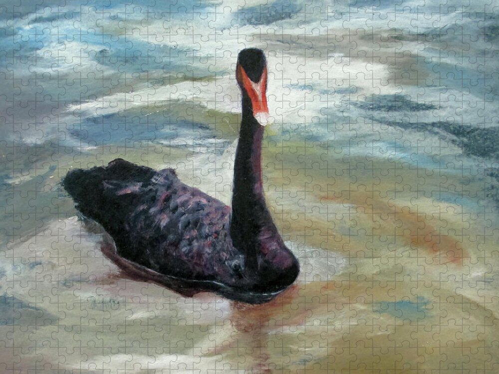 Wildlife Jigsaw Puzzle featuring the painting Black Swan by Roseann Gilmore