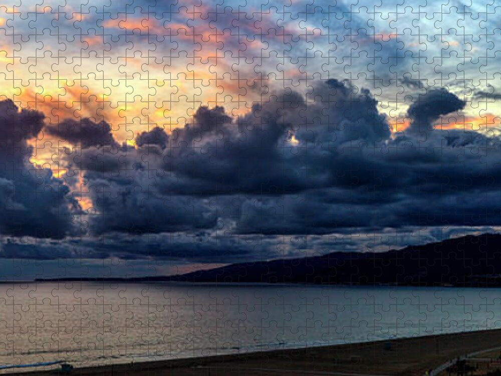Santa Monica Bay Panorama Jigsaw Puzzle featuring the photograph Blazing Sky At Sunset - Panorama by Gene Parks