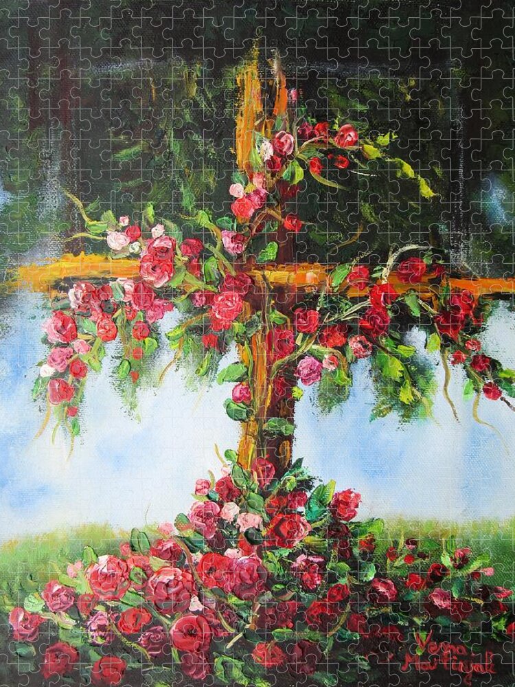 Cross Jigsaw Puzzle featuring the painting blooming Cross by Vesna Martinjak