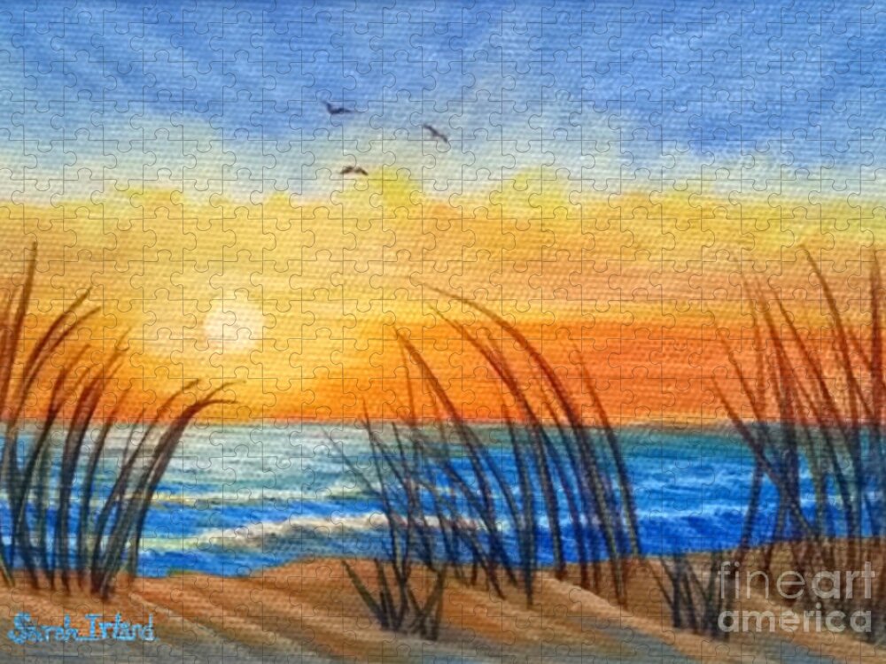 Waterscape Jigsaw Puzzle featuring the painting Blue and Gold Sunset by Sarah Irland