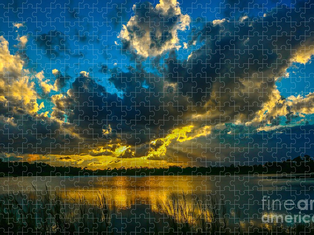 Sunset Jigsaw Puzzle featuring the photograph Blue and Gold Sunset with Rays by Tom Claud