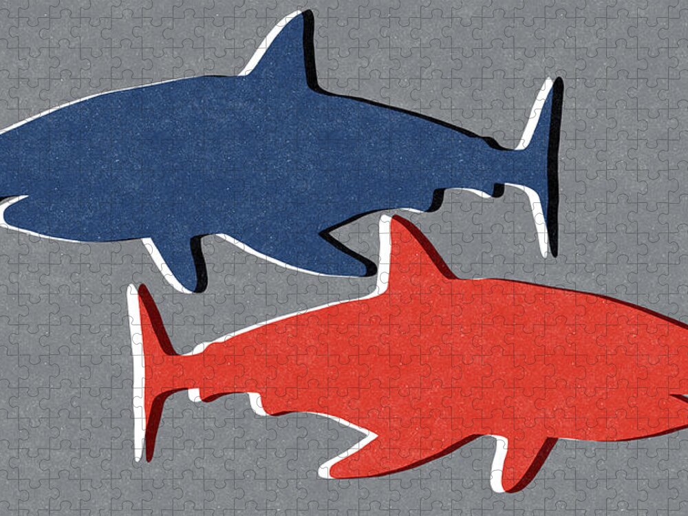 Shark Jigsaw Puzzle featuring the mixed media Blue and Red Sharks by Linda Woods