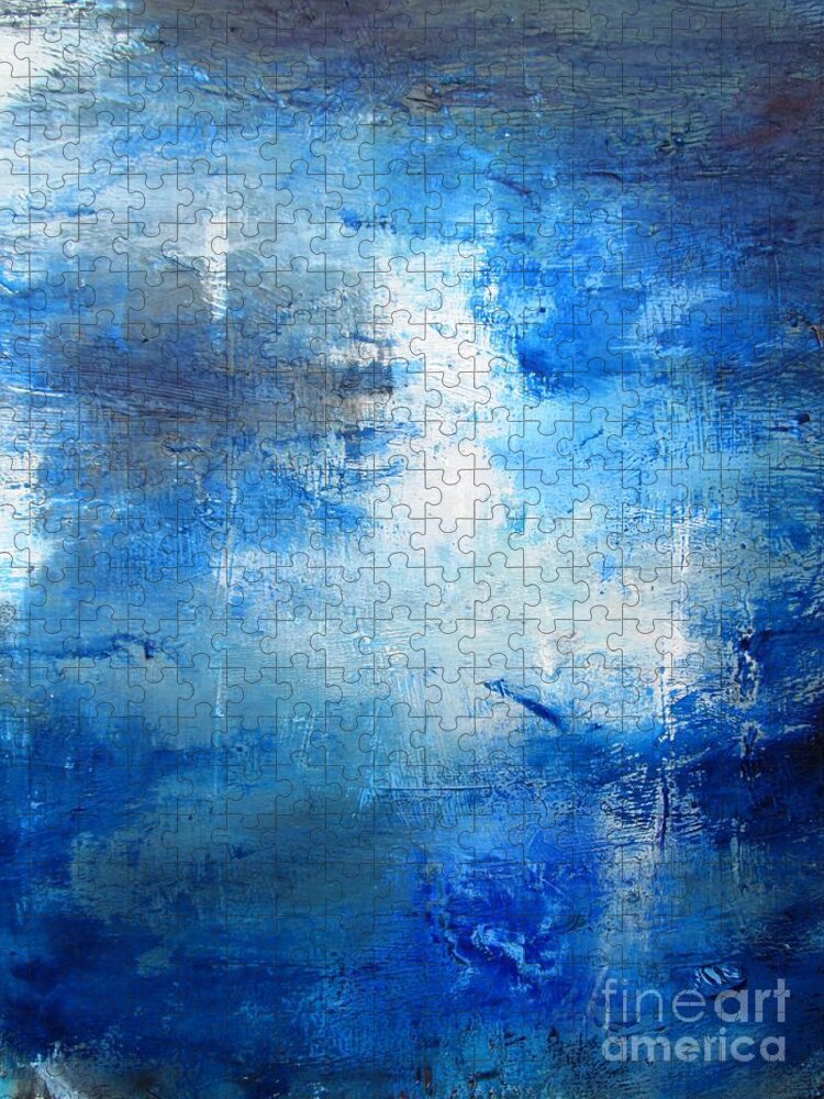 Abstract Blue And White Painting Jigsaw Puzzle featuring the painting Moonlight On Water- Abstract by Mary Cahalan Lee - aka PIXI