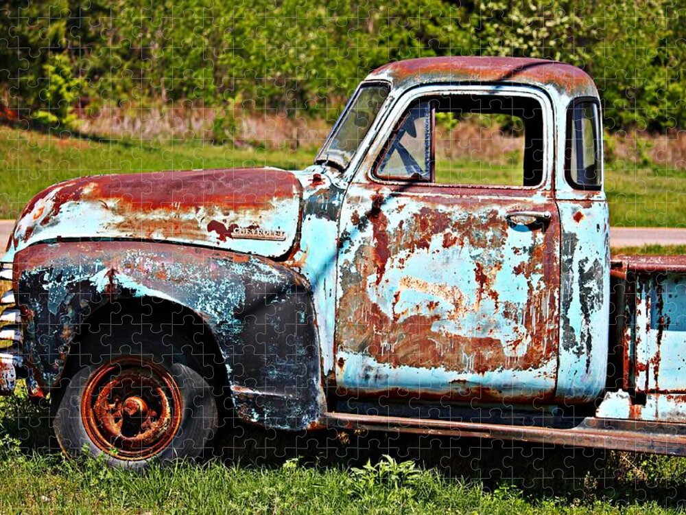 Chevrolet Jigsaw Puzzle featuring the photograph Blue Antique Chevy Truck- Fine Art by KayeCee Spain