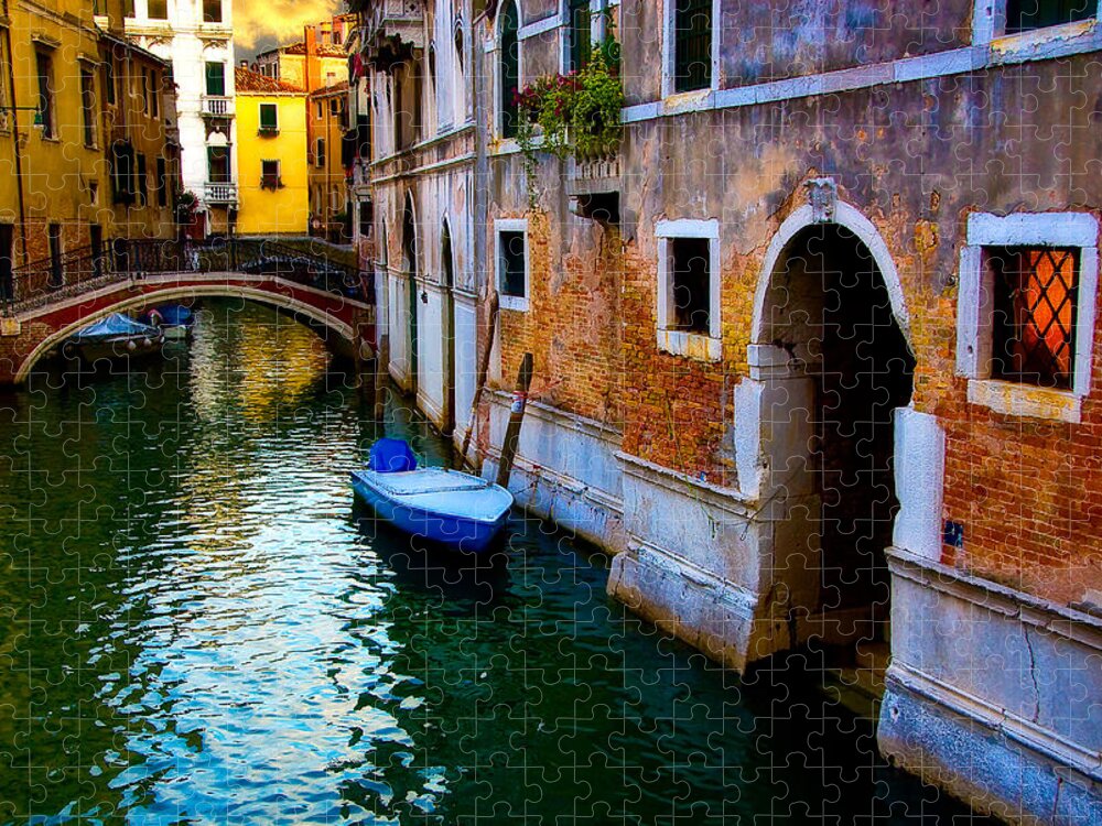 Venice Jigsaw Puzzle featuring the photograph Blue Boat at Twilight by Harry Spitz