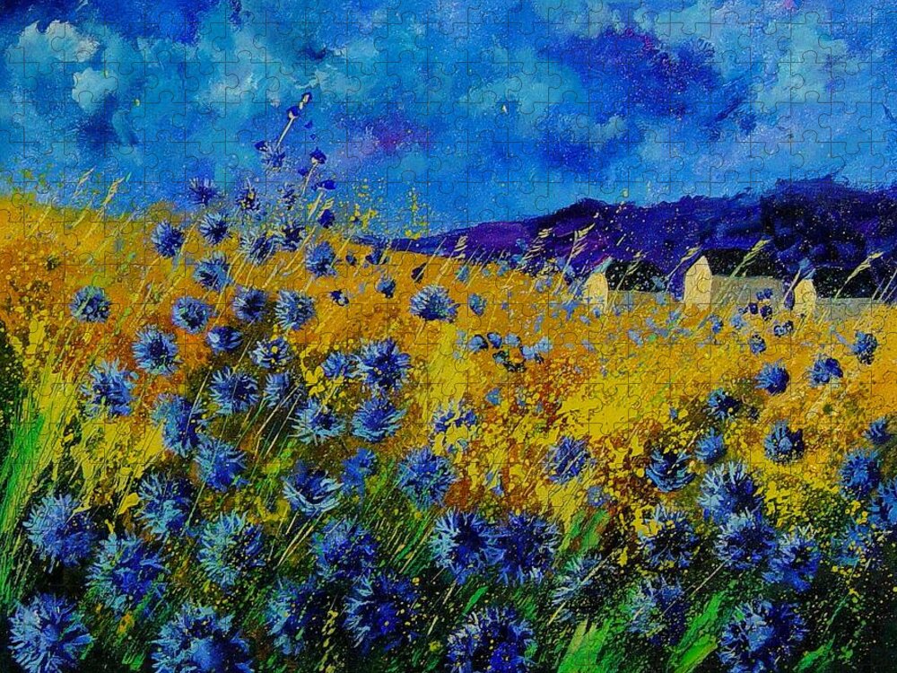 Poppies Jigsaw Puzzle featuring the painting Blue cornflowers by Pol Ledent