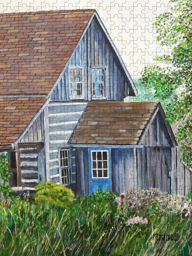 Cabin Jigsaw Puzzle featuring the painting Blue Door by Marilyn McNish