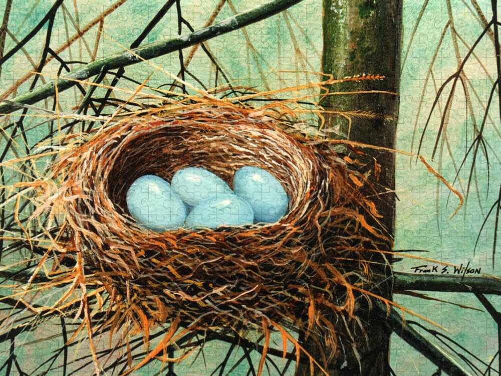 Wildlife Jigsaw Puzzle featuring the painting Blue Eggs In Nest by Frank Wilson
