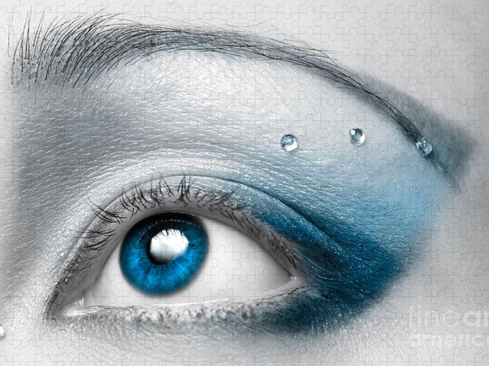 Eye Jigsaw Puzzle featuring the photograph Blue Female Eye Macro with Artistic Make-up by Maxim Images Exquisite Prints